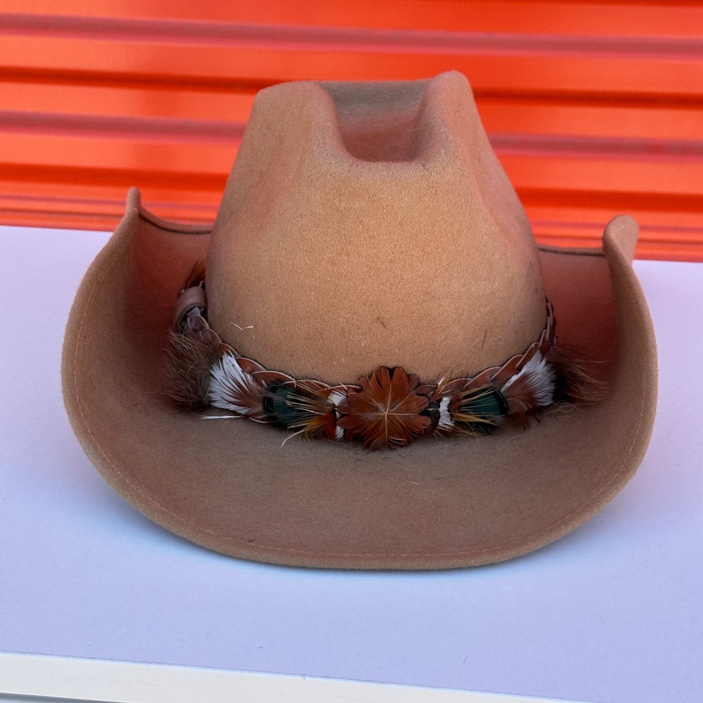 Vtg Keystone 100% Wool Felt Tan Western Cowboy Hat w/ Braided Leather Festival